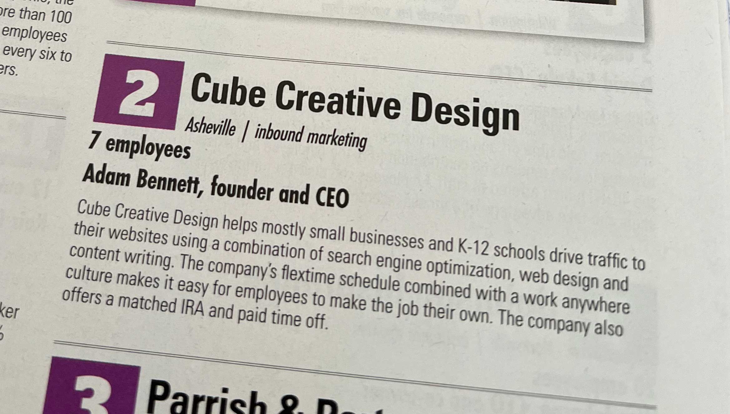 Cube Creative Design of Asheville named #2 Best Employer by Business North Carolina Magazine