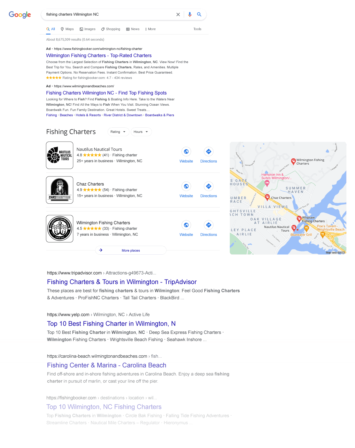 What Is Local Search Marketing? image Fictional Google Search Page Example of Fishing Charters in Wilmington, NC
