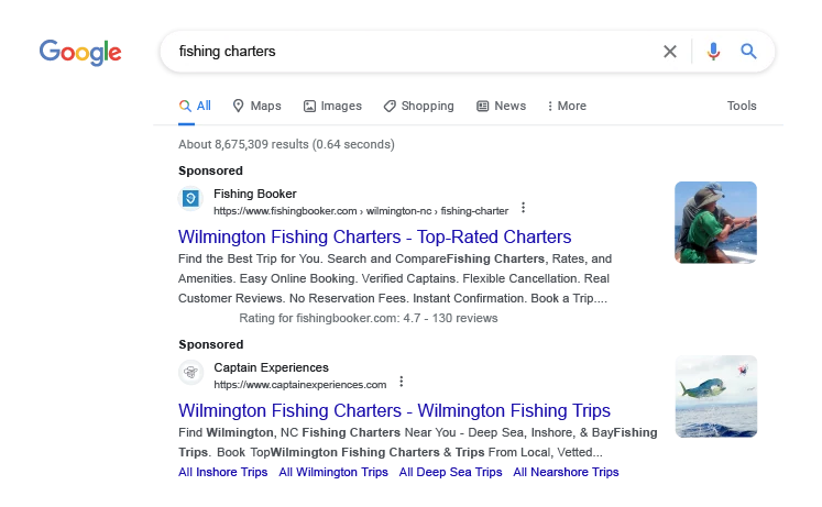 Google Page Fishing Charters Sponsored Example