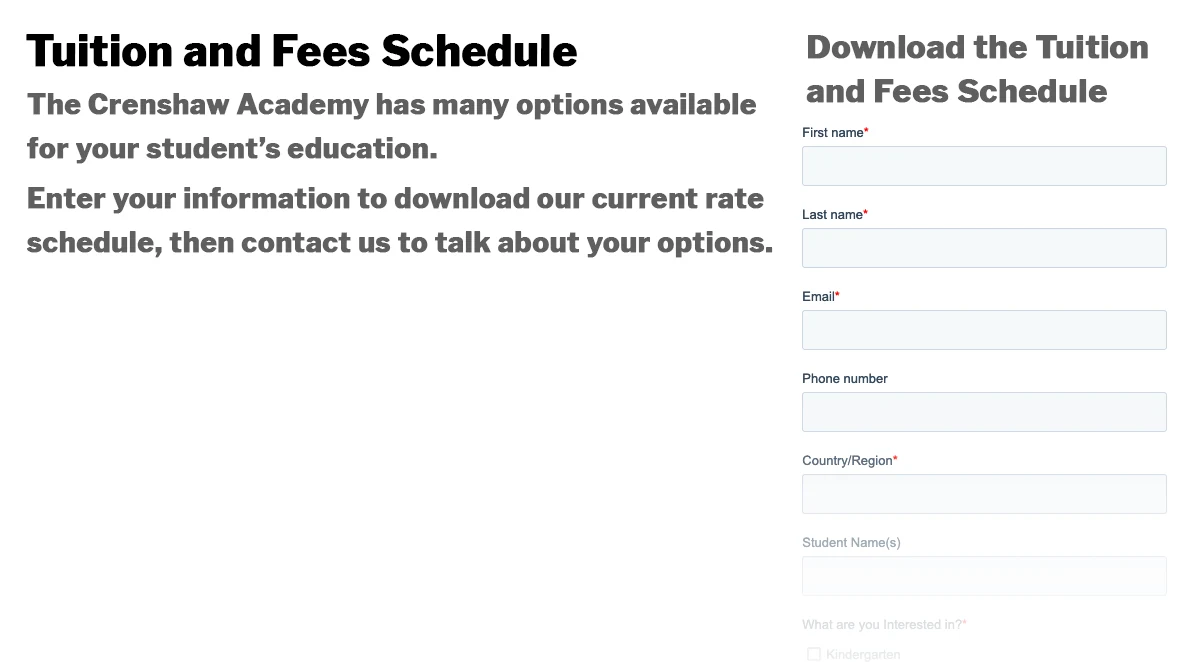 Increase Conversions on Your: What Prospective Parents image Landing Page with Form - CrenshawAcademy-.com Example