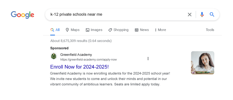 Private School Ad Strategies: Attract Prospective Parents image Greenfield Academy our fictional school Google Search ad example.