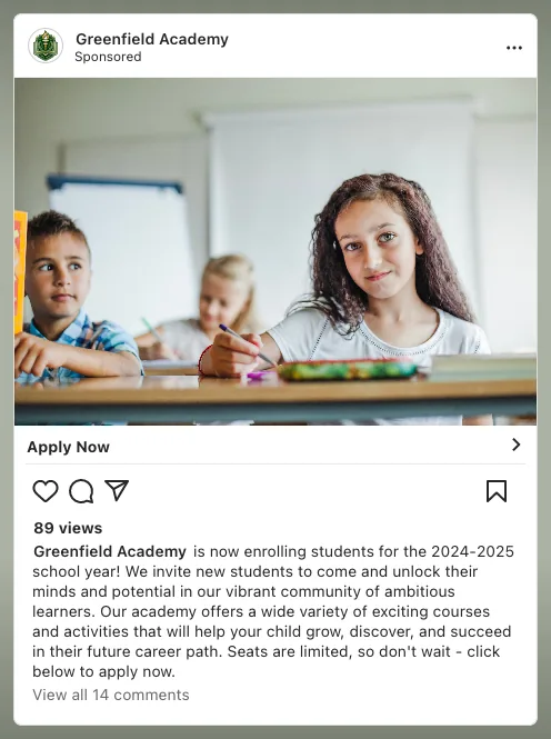 Private School Ad Strategies: Attract Prospective Parents image Greenfield Academy our fictional school Facebook ad example.