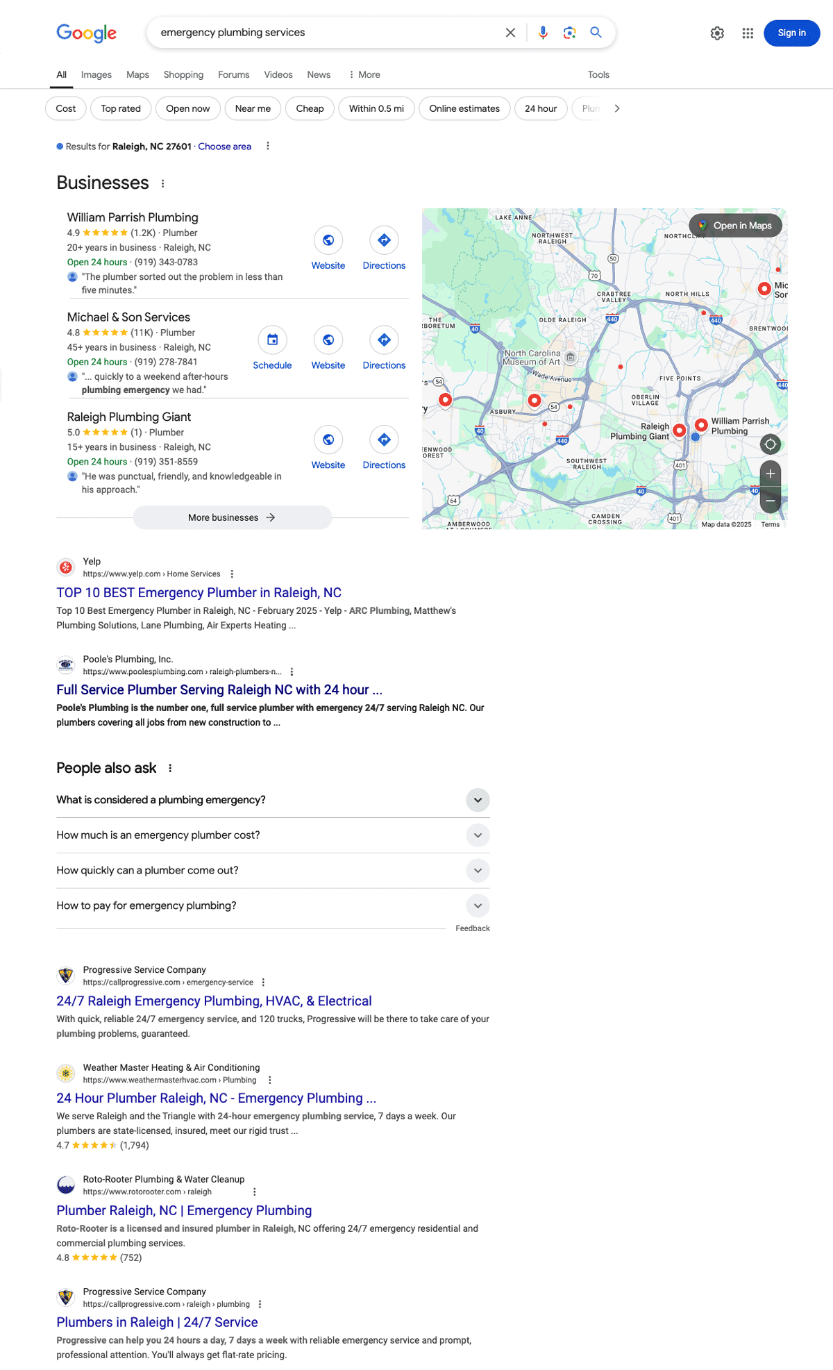 Google search results page for emergency plumbing services