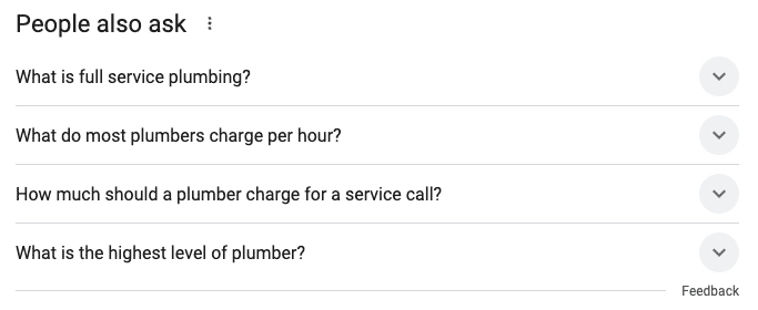 Example of People also ask when the search is focused on full service plumber.