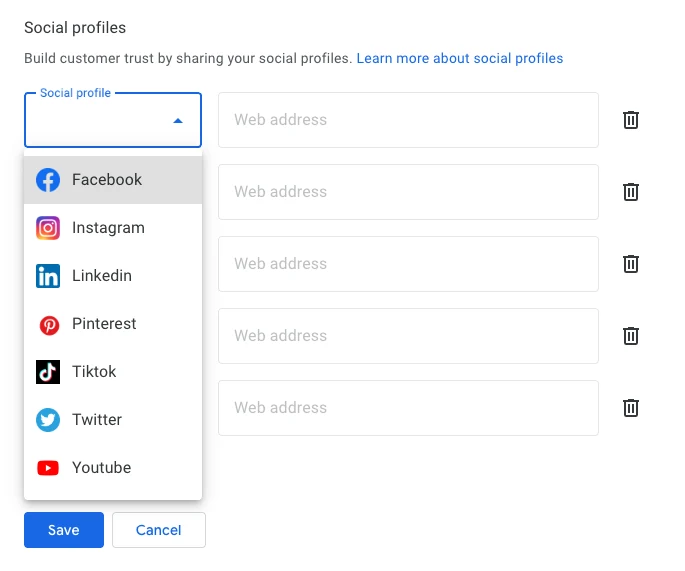 Add social media profiles in Google business page