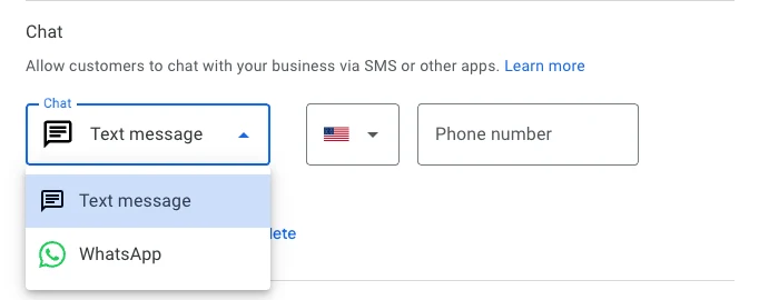 Steps to add Text Messaging or WhatsApp chat on Google business profile.