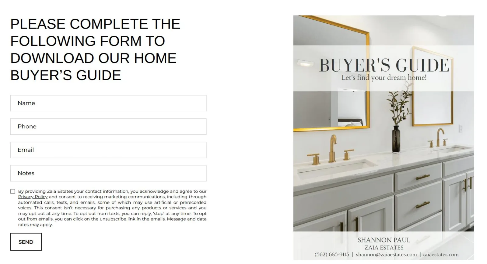 Choose Between Micro And: What Small Businesses Get Wrong image A split screen showing a form to download a home buyer’s guide on the left and a modern bathroom image with "Buyer’s Guide" title on the right.