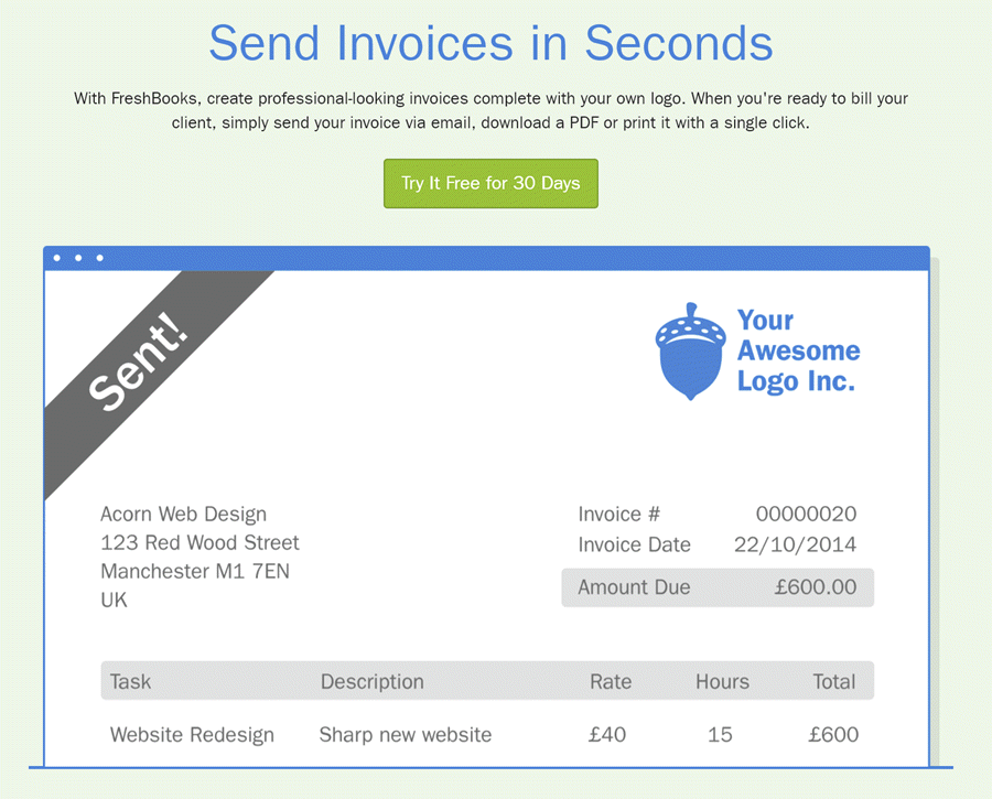 Freshbooks landing page showing "Send invoices in seconds" messaging - an example of simplifying complex tasks