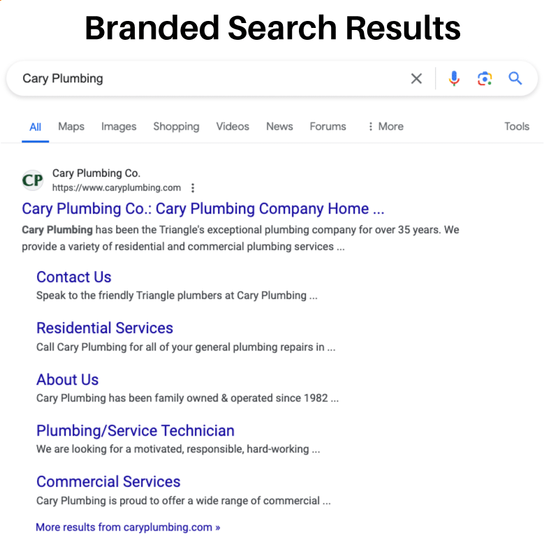 Cary Plumber in Cary NC Branded Search Results - Screenshot from Google