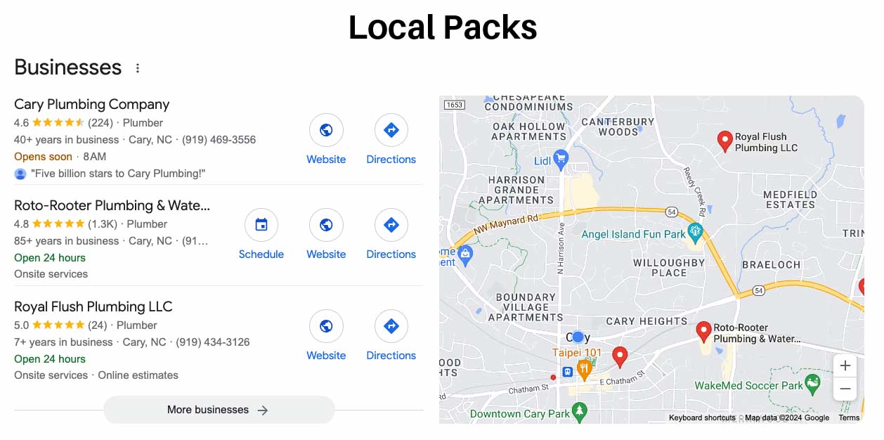 Cary Plumber Local Pack in Cary NC Screenshot from Google