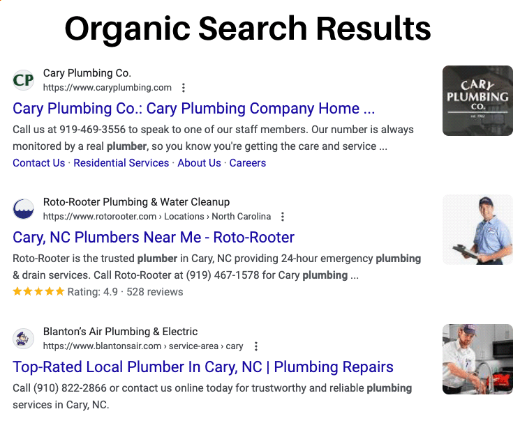 Plumber in Cary NC Organic Search Results - Screenshot from Google
