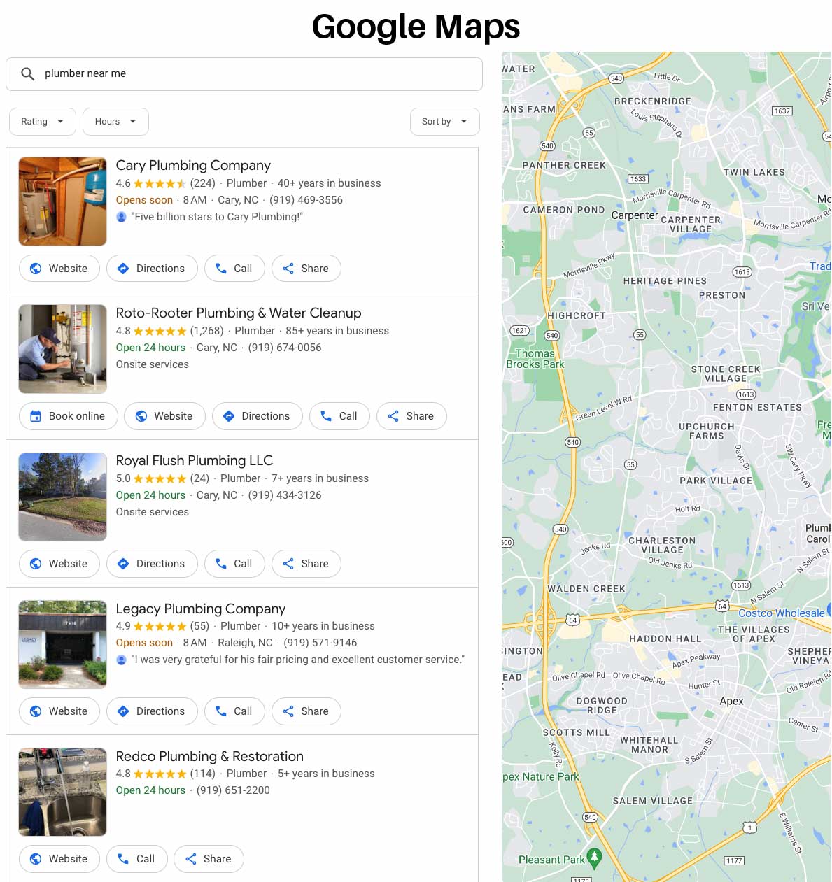 Google Maps for Plumber Near Me in Cary NC - Screenshot from Google