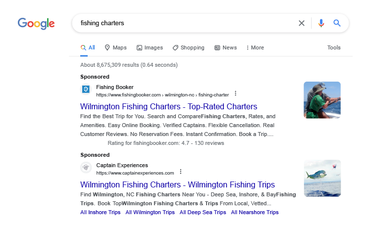 Google Page Fishing Charters Sponsored Example