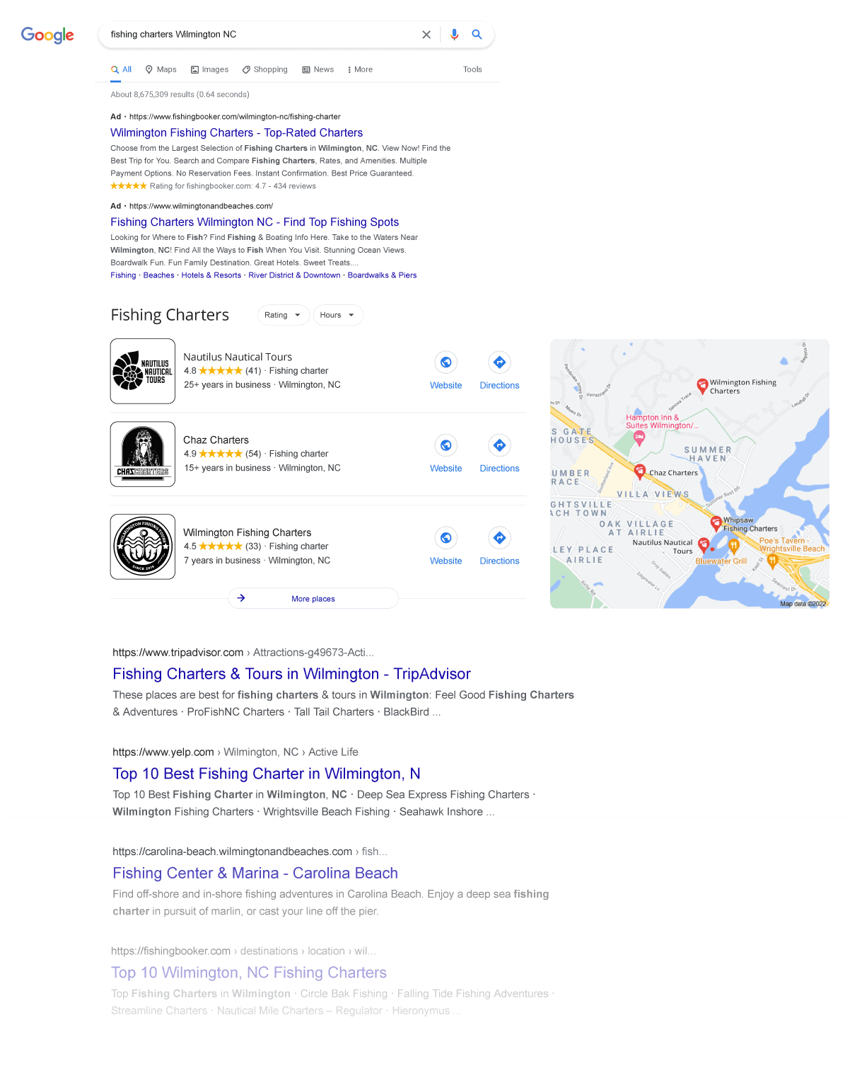 Fictional Google Search Page Example of Fishing Charters in Wilmington, NC