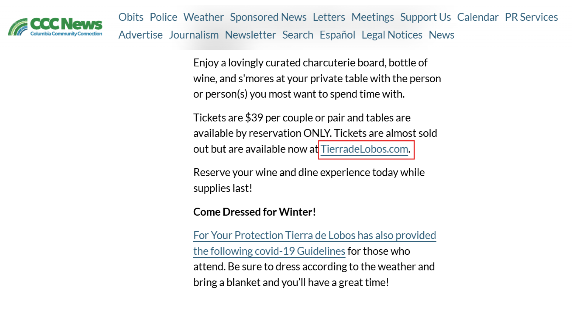 Example of local winery promotion on community news site, linking to event tickets on TierradeLobos.com.