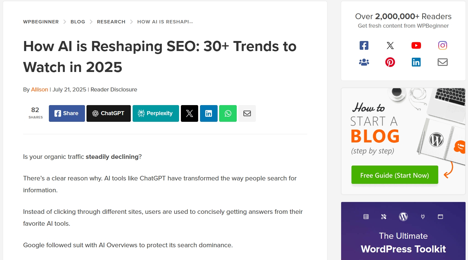 WPBeginner blog post about AI and SEO with visible branding, social proof showing 2M+ readers, and promotional sidebar.