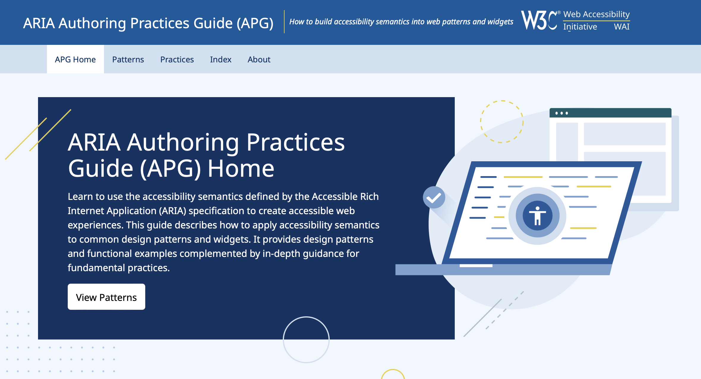 WCAG Accessibility Guidelines: Make Your Website Accessible image ARIA Authoring Practices Guide (APG) for the use of accessibility semantics