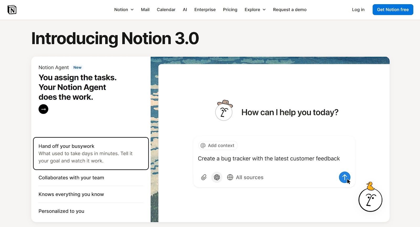 A workspace and project management platform (Notion) homepage, showing a clean, minimalist design while demonstrating their Notion 3.0 platform.