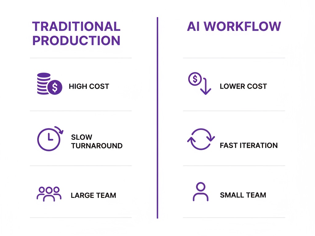 Traditional marketing production vs AI workflow comparison showing cost, turnaround time, and team size differences.