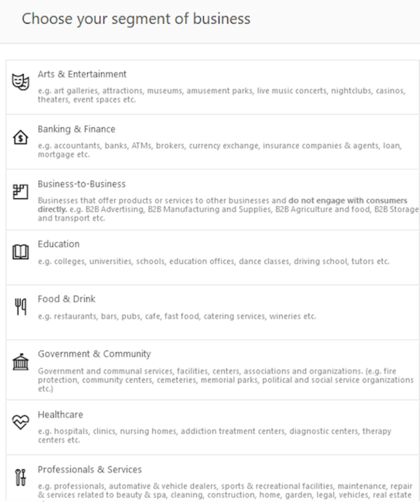 Choose your Segment of Business Segment Categorization on Bing Places for Business login page