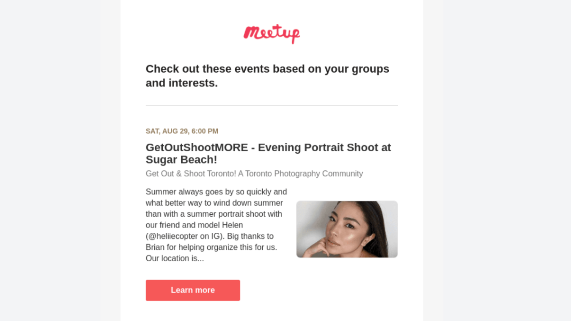 Personalized email example - Meetup