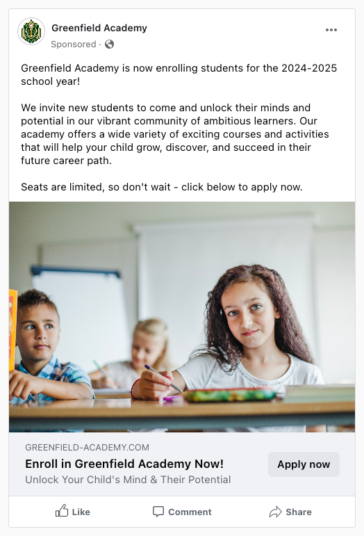 Private School Ad Strategies: Attract Prospective Parents image Greenfield Academy our fictional school Facebook ad example.