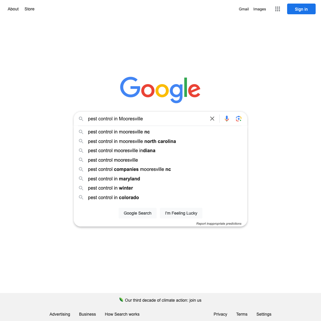 Small Business SEO: Attract Local Clients Online image Google’s autofill feature indicates how people use “pest control in Mooresville” as a keyword.